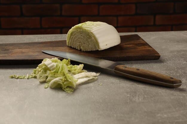 A close-up of a meticulously crafted Japanese Gyuto knife resting on a rustic wooden cutting board next to finely sliced vegetables, with the blade glinting to show its sharpness and quality.