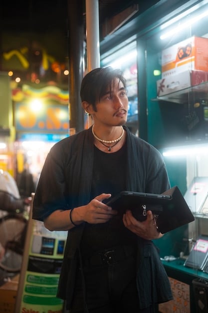 A US tourist looking confused at a cash register in a Japanese store, with the cashier pointing to a 
