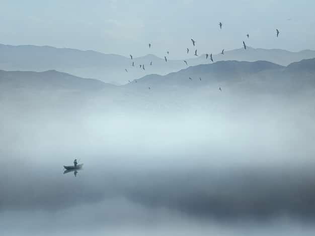A serene sumi-e landscape painting with misty mountains and a solitary boat on a calm lake, showcasing the subtle gradations of ink and the strategic use of empty space.