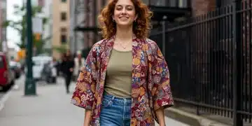 American woman wearing a modern styled kimono over urban attire