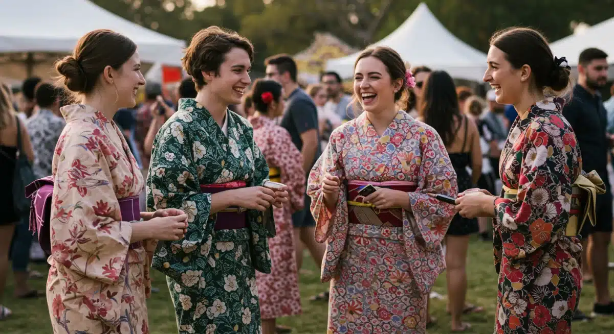 Diverse group of American young adults wearing modern kimono styles at a festival