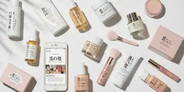 Assortment of authentic Japanese beauty products on a white surface, including skincare and makeup.