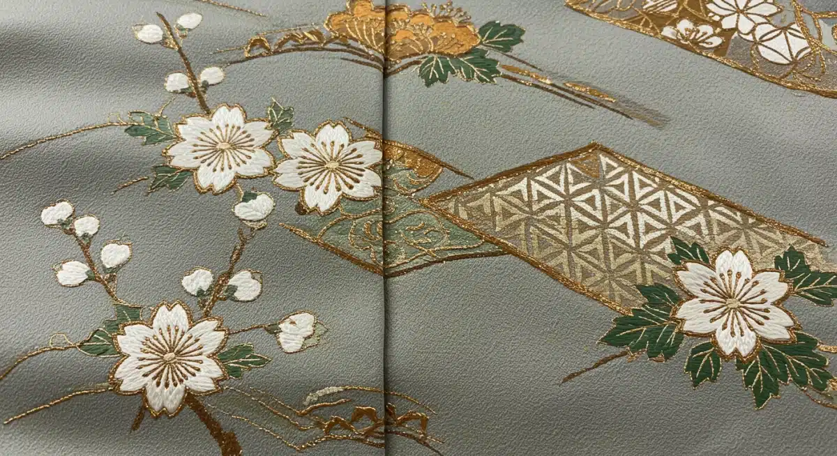 Intricate embroidery on modern kimono fabric with cherry blossoms