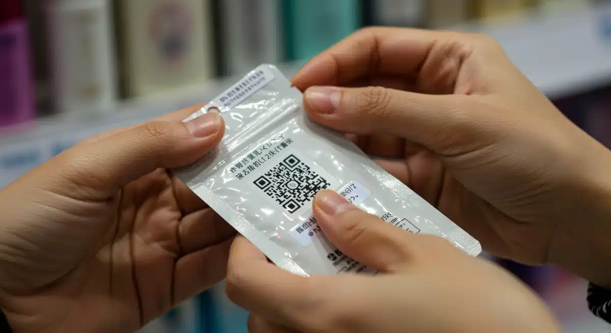 Person inspecting a Japanese beauty product for authenticity seals and QR codes.