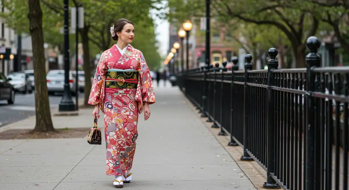 Modern woman in authentic kimono styling in US urban setting