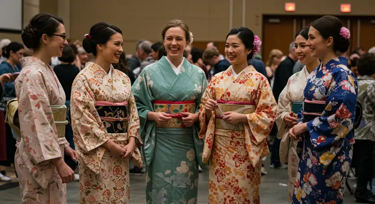 Diverse group of modern Americans wearing kimonos at cultural event