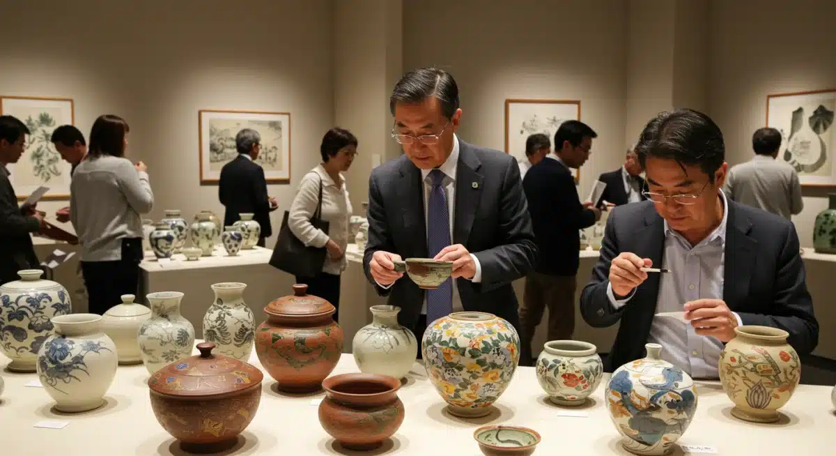 US collectors and dealers actively bidding on Japanese pottery at a specialized art auction.