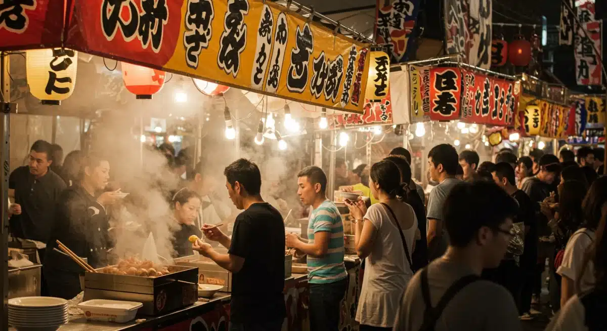 Japanese street food vendors at a bustling festival