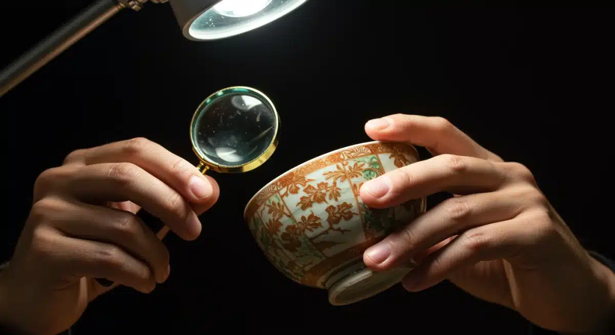 Expert hands meticulously examining an antique Japanese pottery tea bowl for authentication.