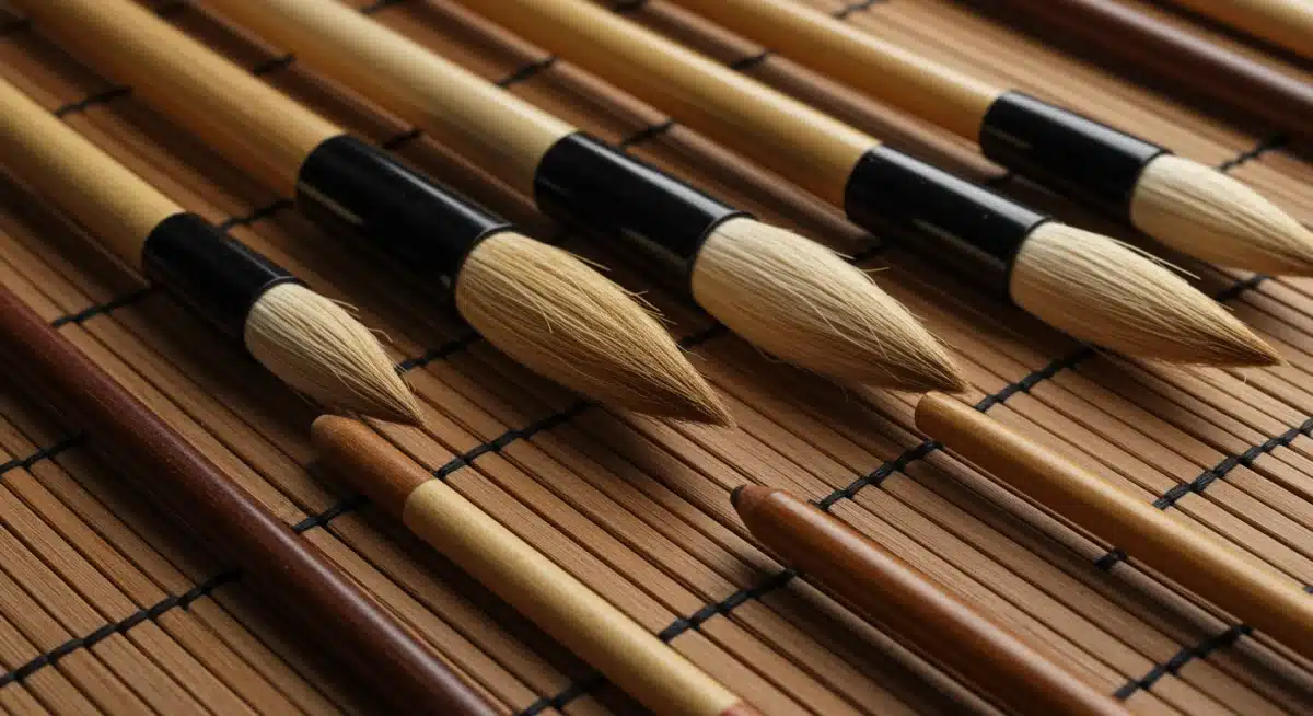 Assortment of traditional Japanese calligraphy brushes on bamboo mat