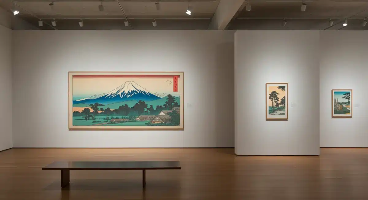 Vibrant ukiyo-e print in modern US gallery setting