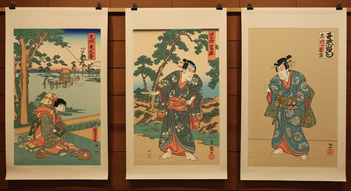 Vibrant finished Japanese woodblock print drying on a line.