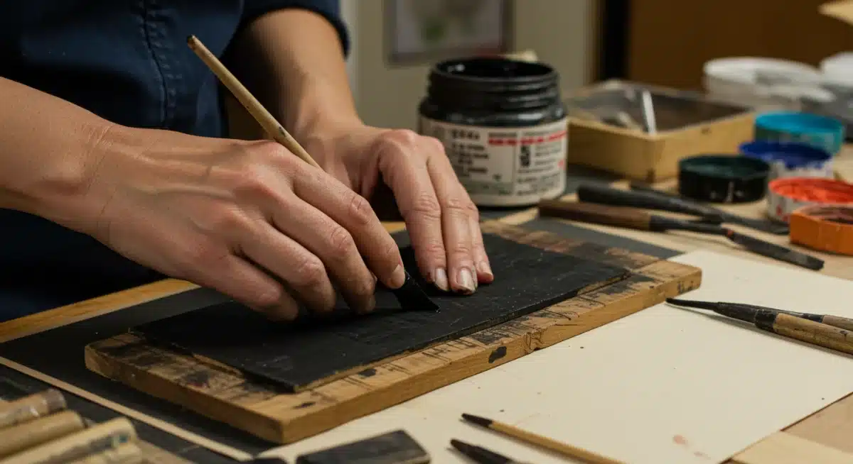 US artist applying ink to a carved woodblock for traditional Japanese printmaking.