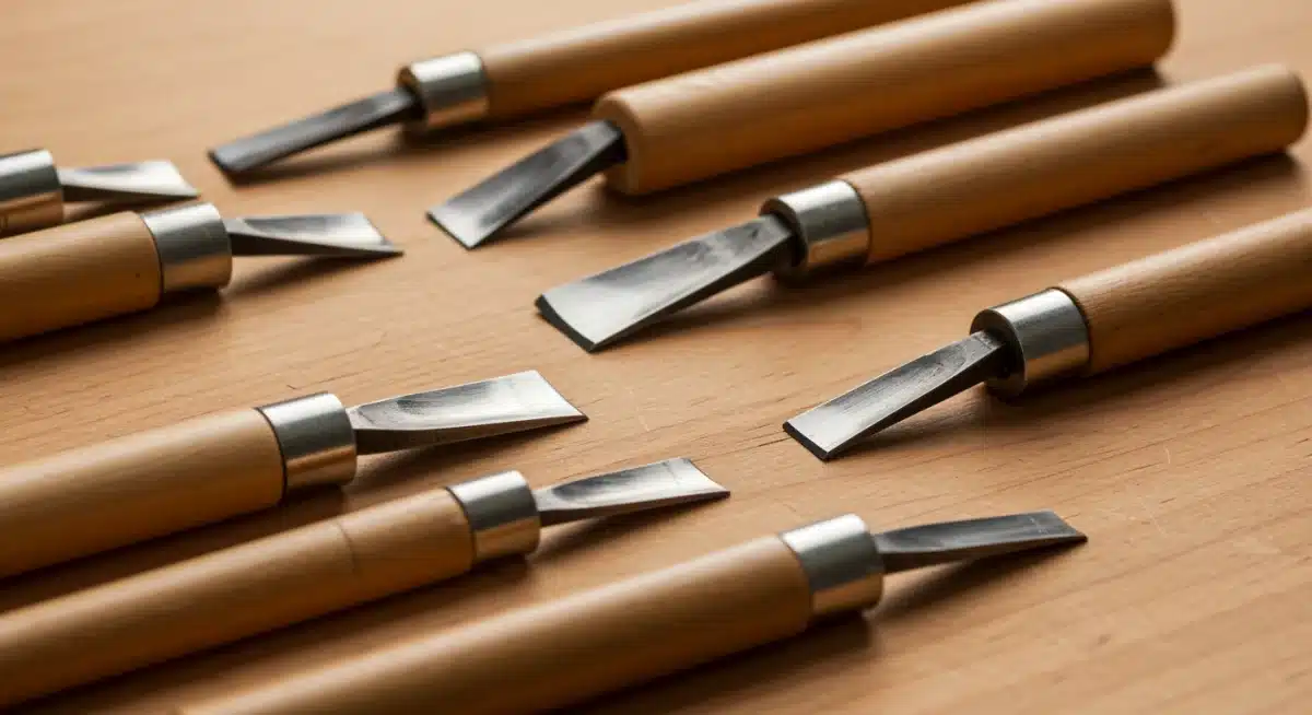 Assortment of traditional Japanese woodblock carving tools.