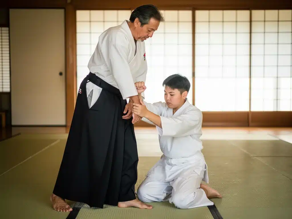 Aikido instructor demonstrating a joint lock, highlighting fluid martial arts movements.