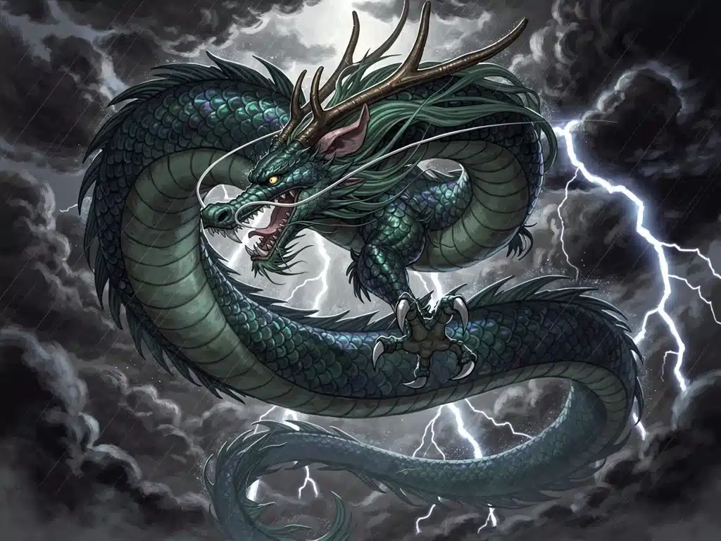 Majestic Japanese Dragon soaring through a stormy sky