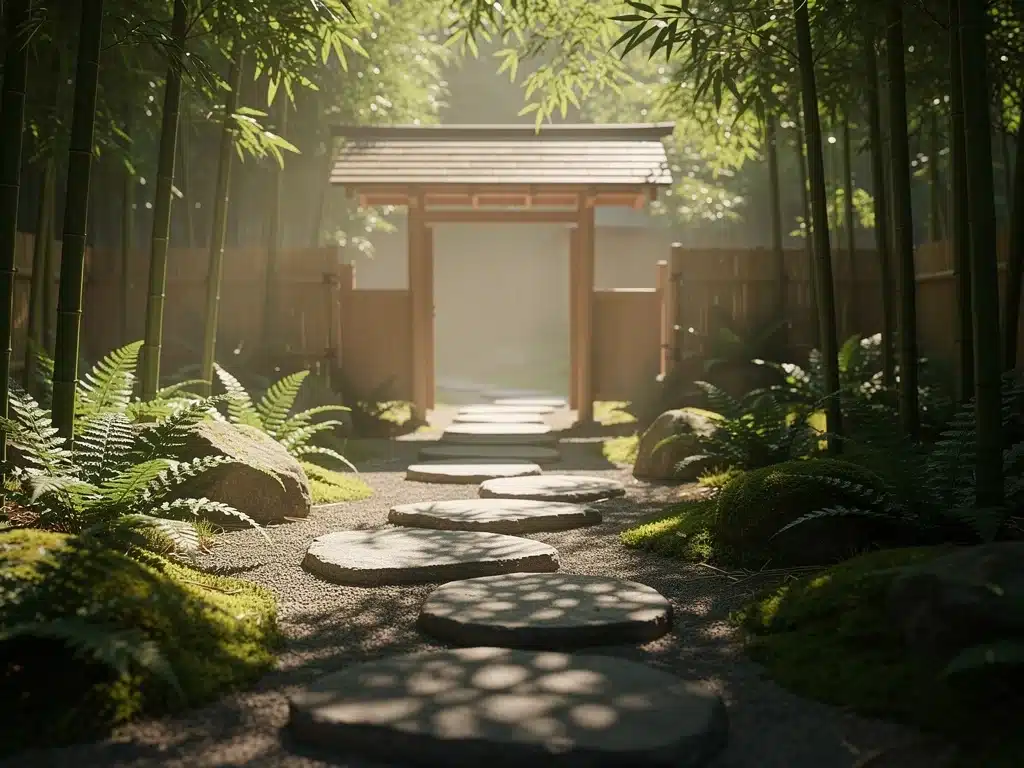 Tranquil Japanese tea garden path with stepping stones and lush greenery