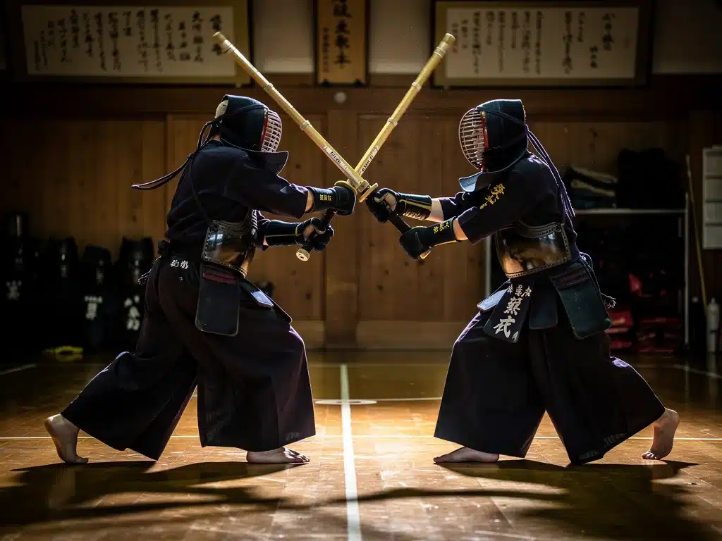 Kendo practitioners in full gear, demonstrating a sparring match with shinai.