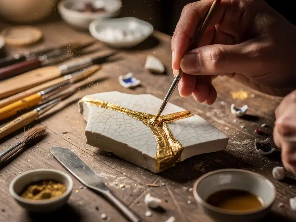 Artist applying gold lacquer in Kintsugi repair