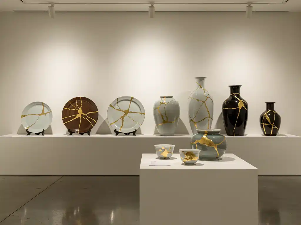 Diverse Kintsugi art pieces in a gallery