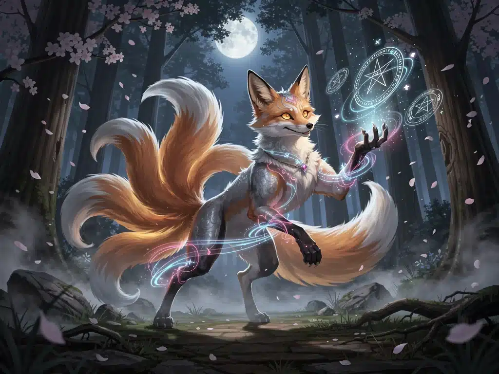 Mischievous Kitsune fox spirit with multiple tails