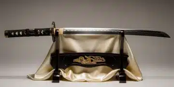 Authentic Japanese katana on display, intricate craftsmanship visible
