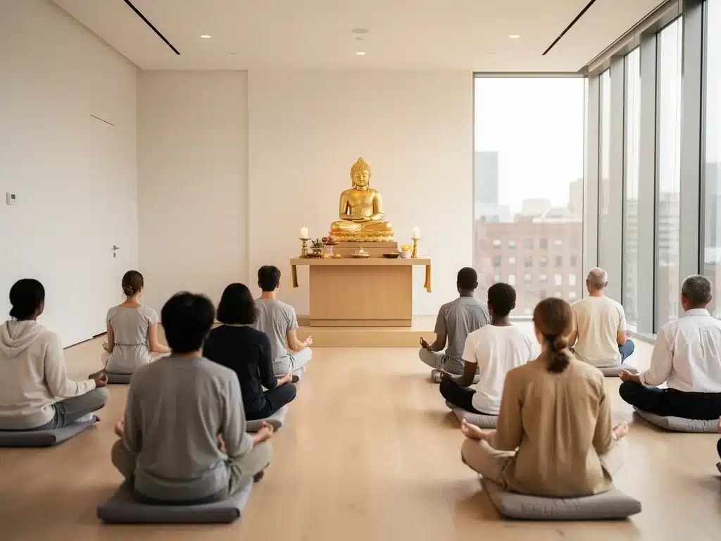 Modern Buddhist temple interior with diverse practitioners meditating in the US