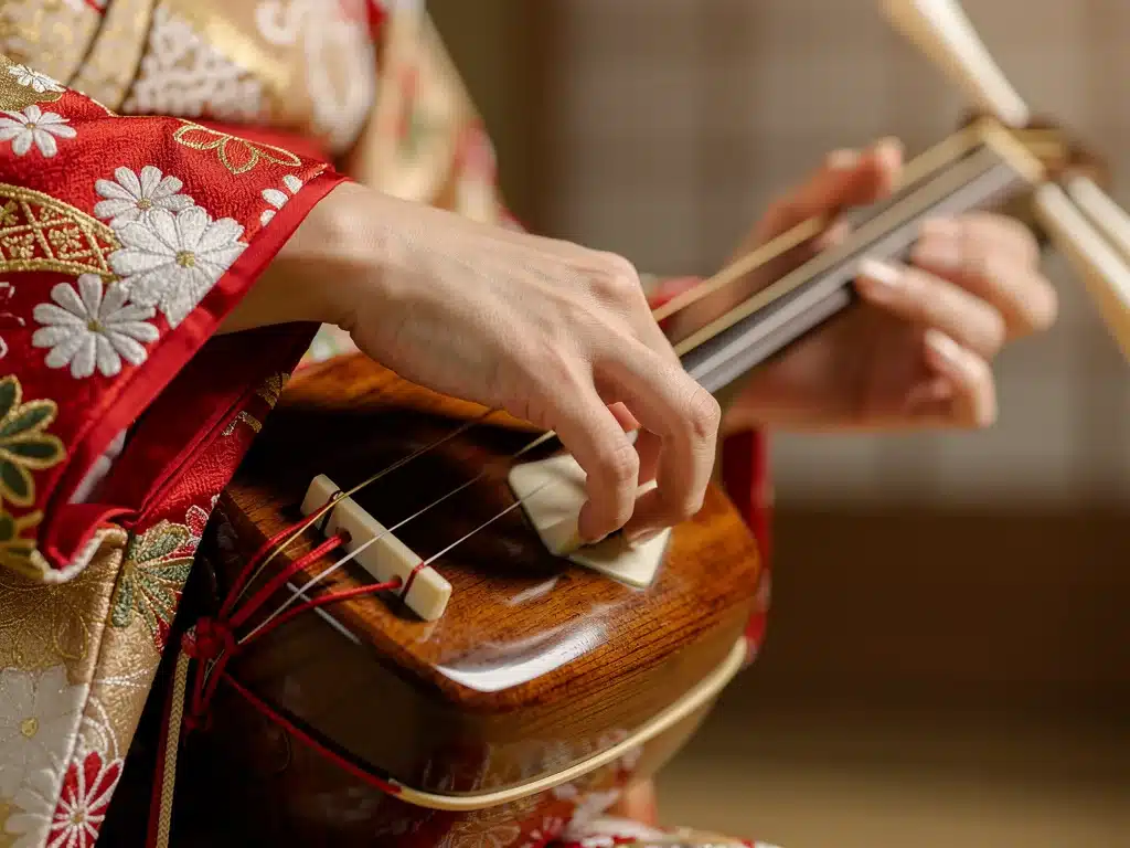 Geisha playing traditional Japanese shamisen instrument