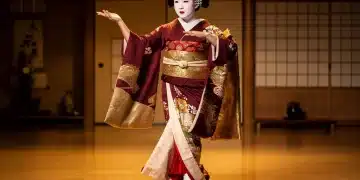 Geisha performing traditional Japanese dance in elegant kimono