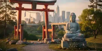 Shinto torii gate and Buddha statue symbolizing Japanese spirituality in the US