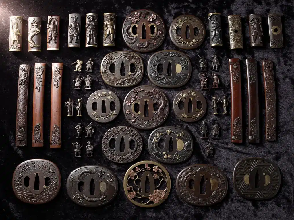 Assortment of Japanese sword fittings, tsuba, fuchi, kashira, menuki