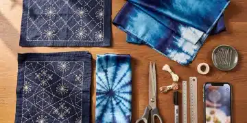 Vibrant Japanese textile arts display with Sashiko and Shibori, appealing to US crafters.