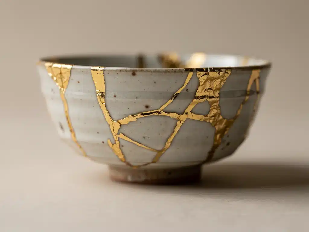 Kintsugi bowl with gold repairs, symbolizing beauty in imperfection