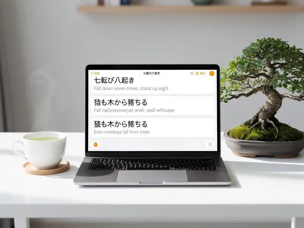 Modern workspace showing digital translation of Japanese proverbs and cultural elements.