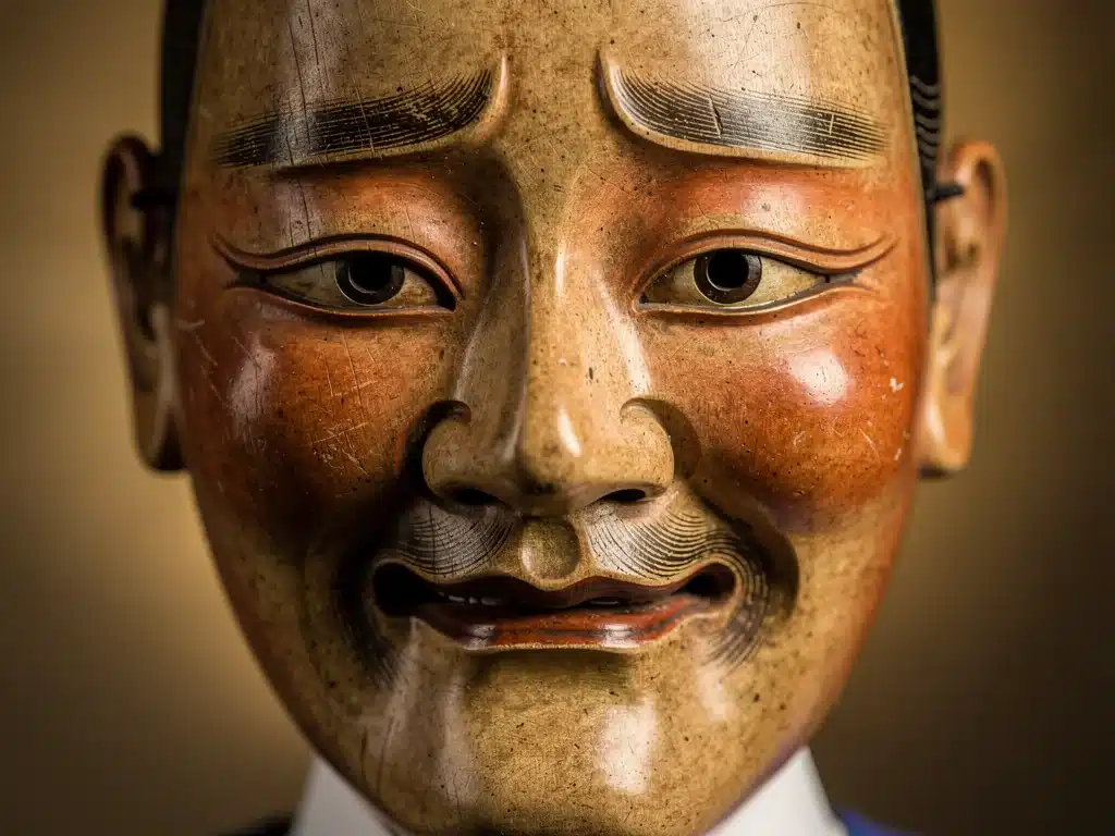 Intricate Noh mask representing a specific character's emotion