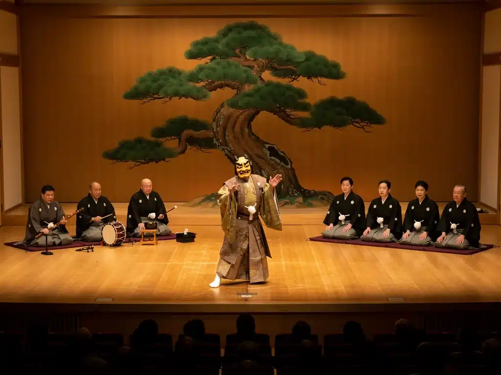 Noh stage with musicians and chorus during a performance