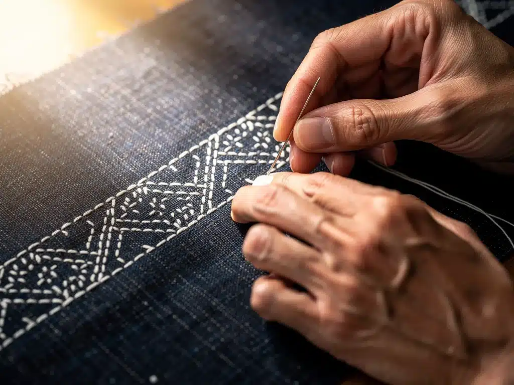 Hands meticulously performing traditional Sashiko stitching on indigo fabric.