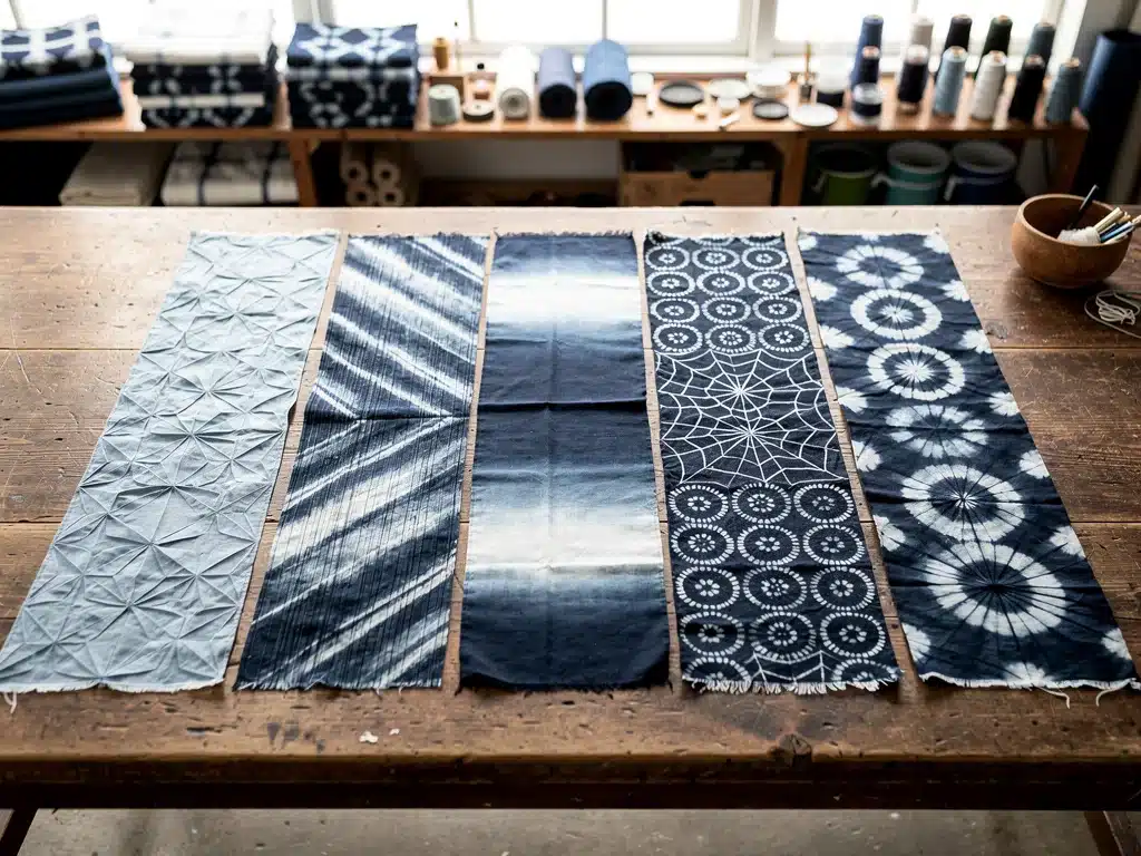 Diverse Shibori dyed fabric samples demonstrating various intricate patterns.