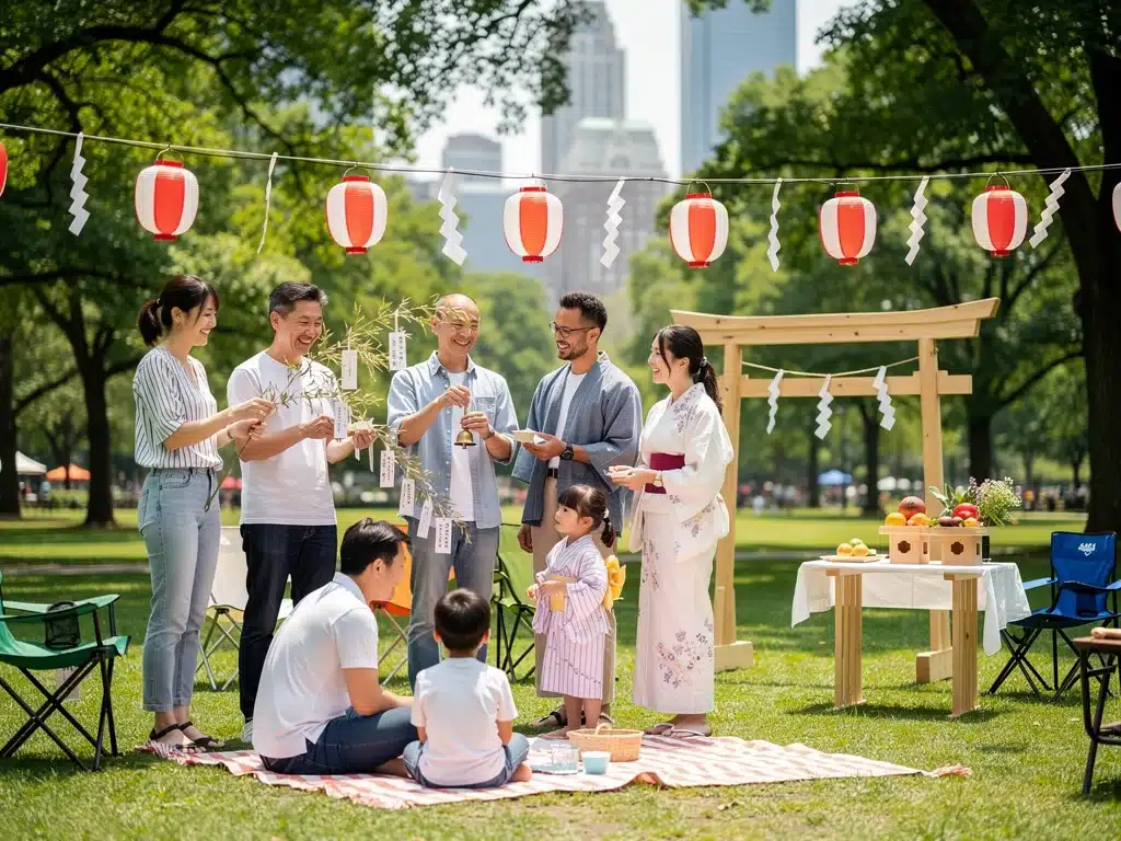 Diverse community engaging in a Shinto festival in a US park