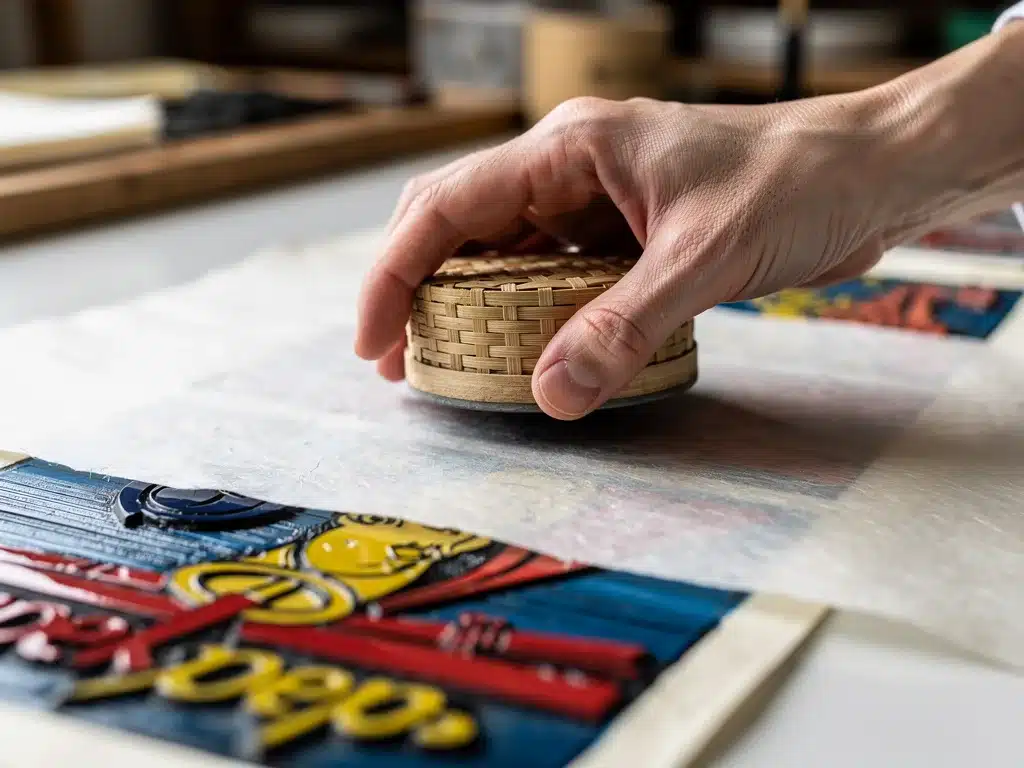 Using a baren to transfer ink from woodblock to paper