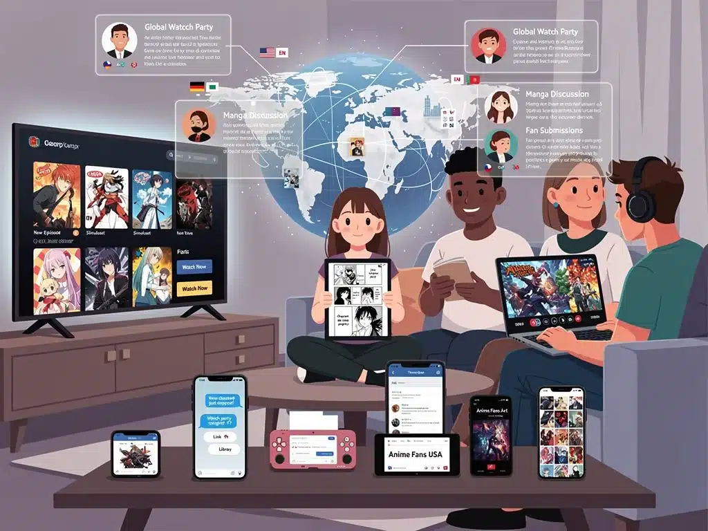 Digital platforms showcasing streaming services and e-readers, illustrating the accessible evolution of Japanese manga and anime consumption for US fans.