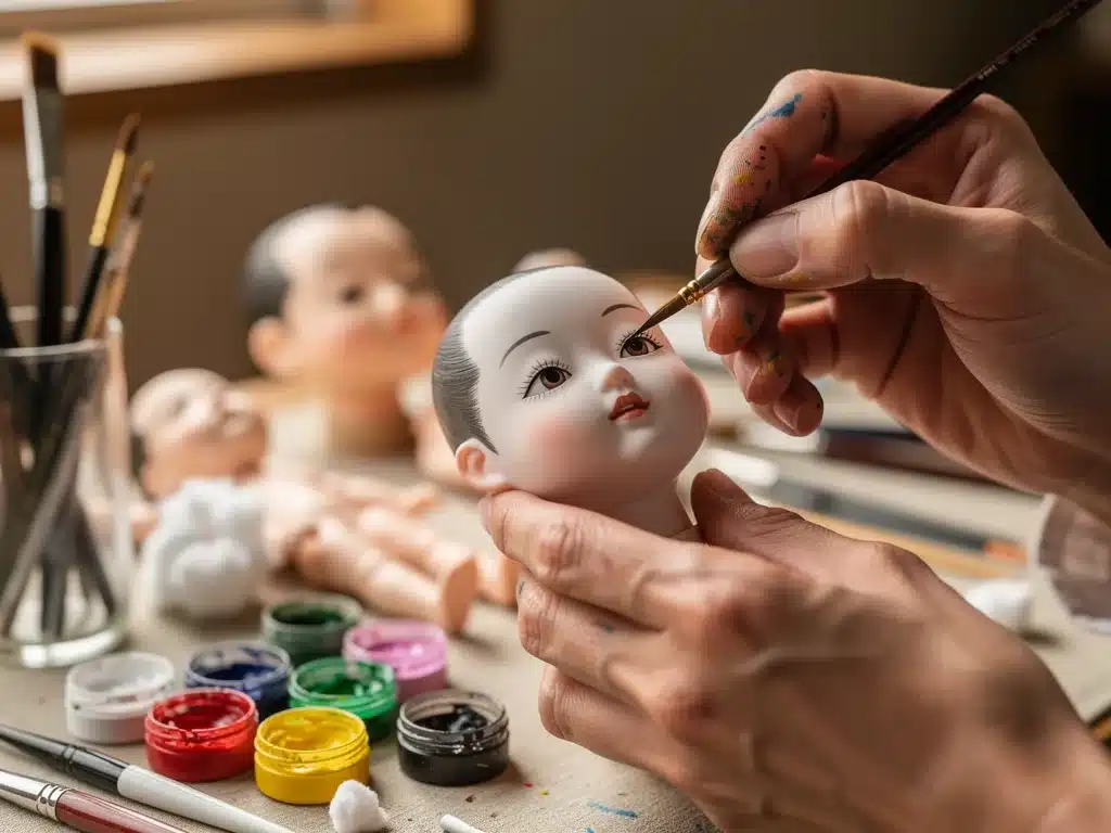 Hobbyist meticulously painting a Japanese doll's facial features