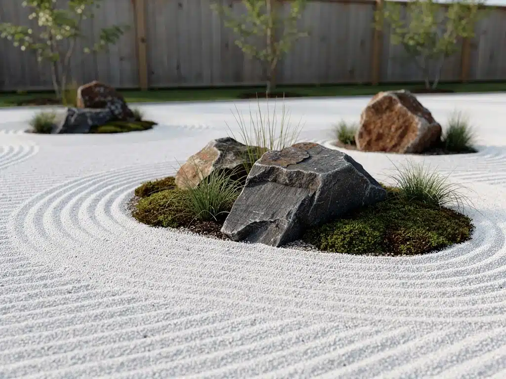 Minimalist dry landscape Japanese garden with raked gravel and rocks in America