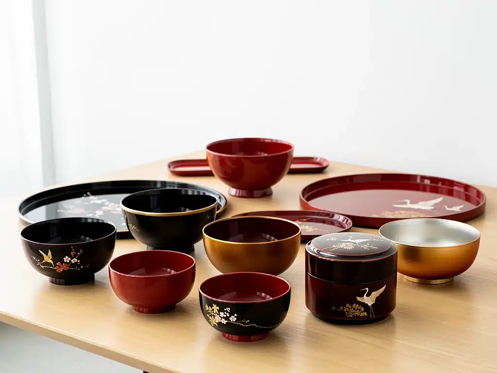 Diverse collection of traditional Japanese lacquerware items
