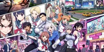Dynamic collage of Japanese manga and anime characters with American cultural icons, symbolizing their growing influence in the US by 2026.
