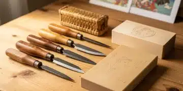Essential tools for Japanese woodblock printing at home, including baren and carving knives