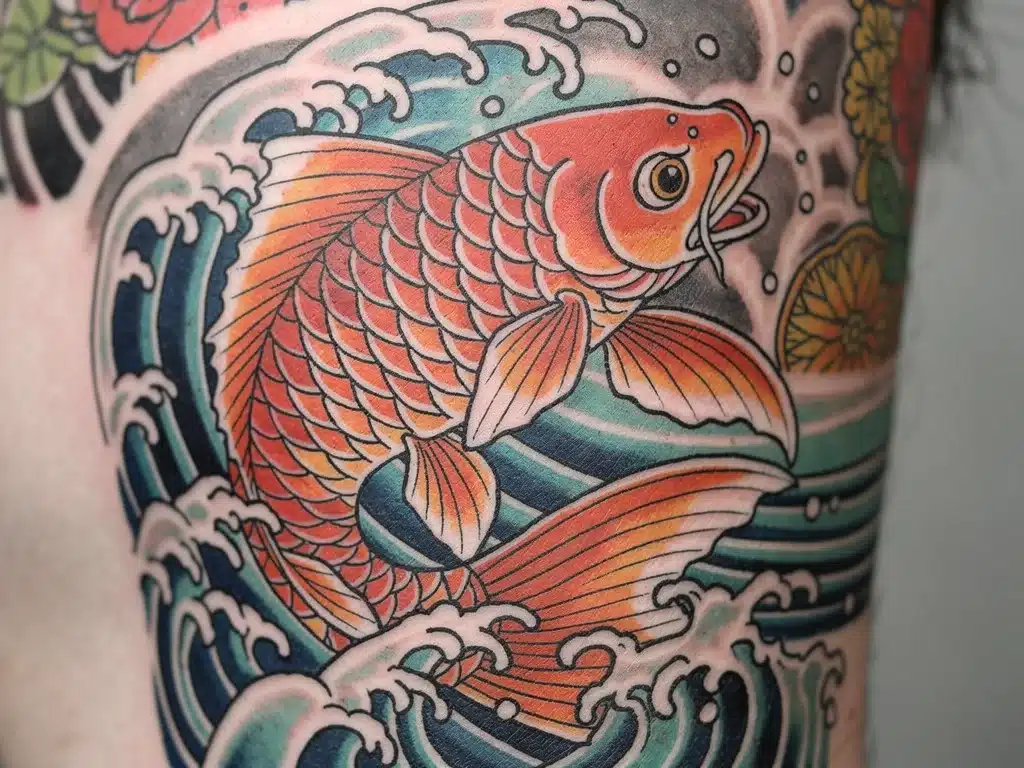 Vibrant koi fish Japanese tattoo symbolizing perseverance