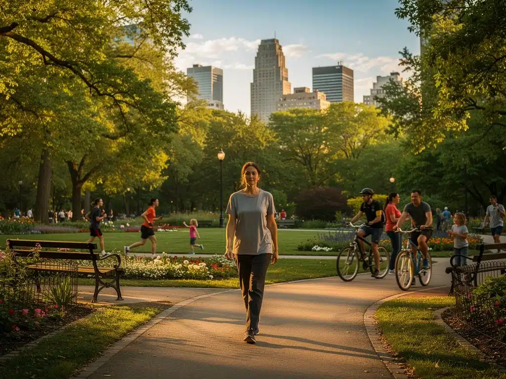Individual practicing mindful walking in a busy urban park, finding peace amidst city life.