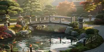Serene traditional Japanese garden in the US with koi pond and stone lanterns
