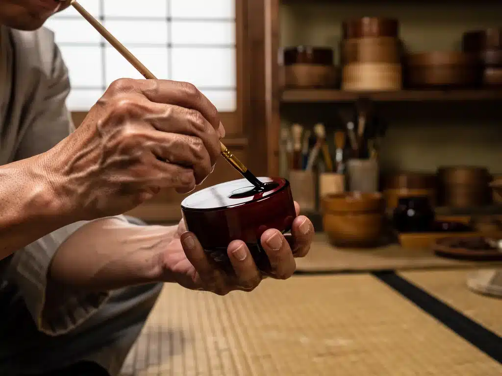 Artisan applying urushi lacquer to a Japanese bowl